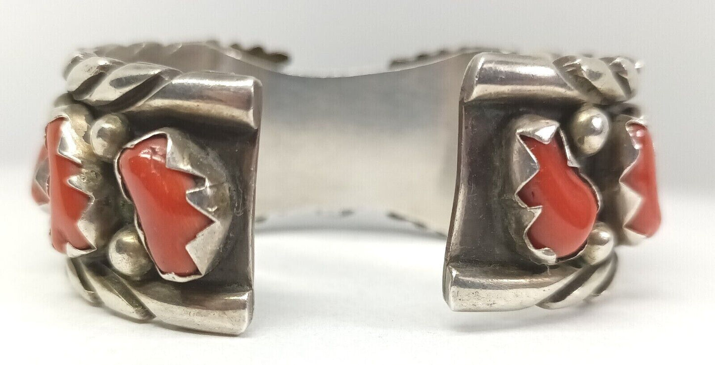 Vintage Southwestern Sterling Silver Watch Cuff Bracelet W/ Coral