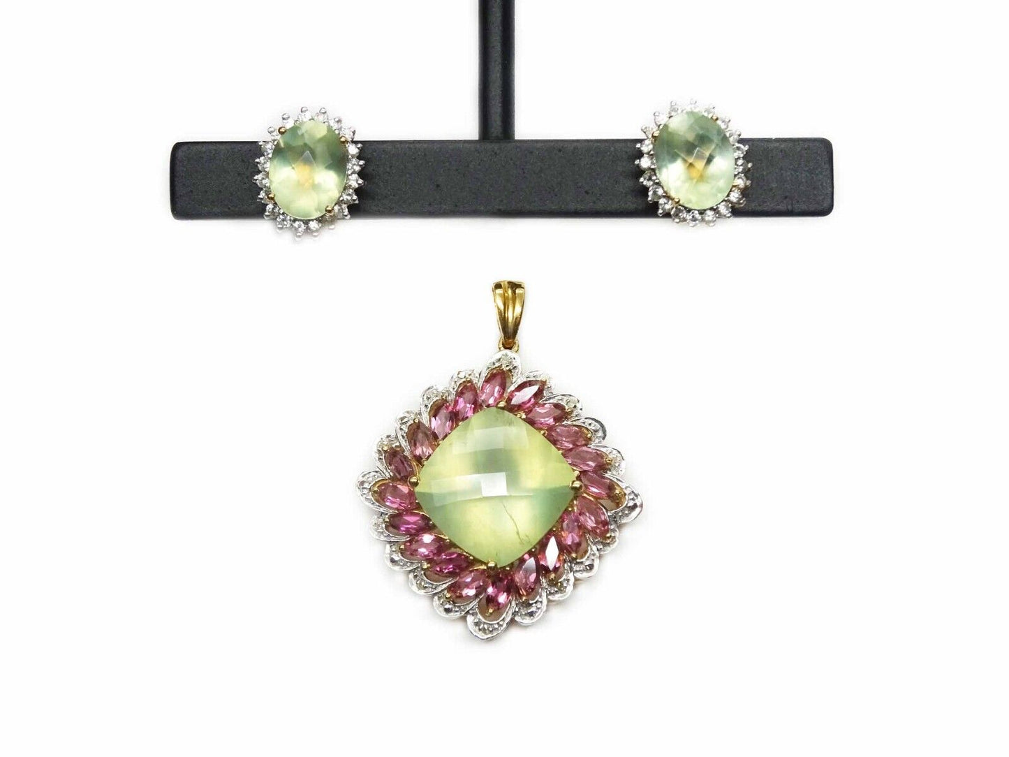 Chalcedony Pendant & Earrings 14k Gold w/Pink Tourmaline, White Topaz, Diamond