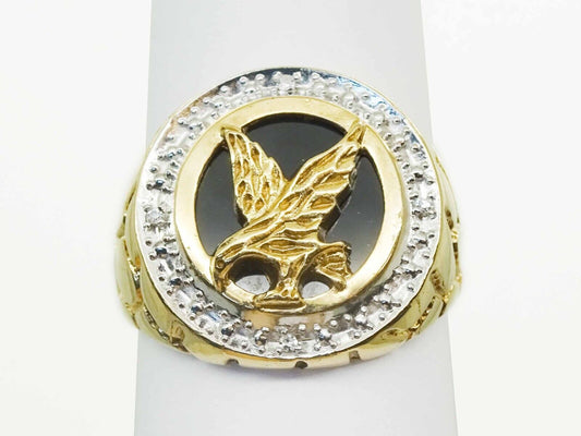 Men's Natural Diamond Halo & Black Onyx Eagle Ring 10k Gold Size 10
