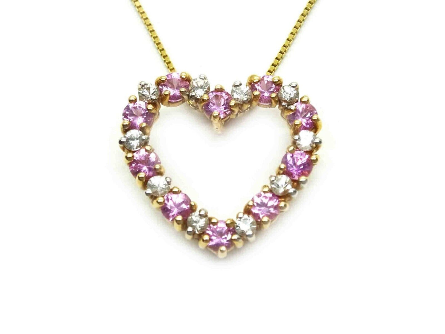 Pink & White CZ Open Heart Charm Pendant Box Chain Necklace 14k Gold