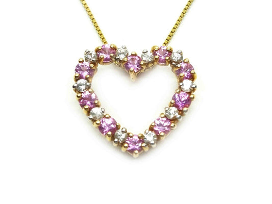 Pink & White CZ Open Heart Charm Pendant Box Chain Necklace 14k Gold