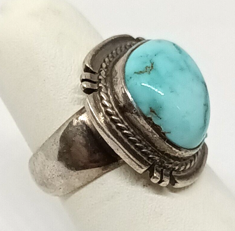 P. Sanchez Native American Signed Turquoise Sterling Silver Ring Size 6, 10.1g