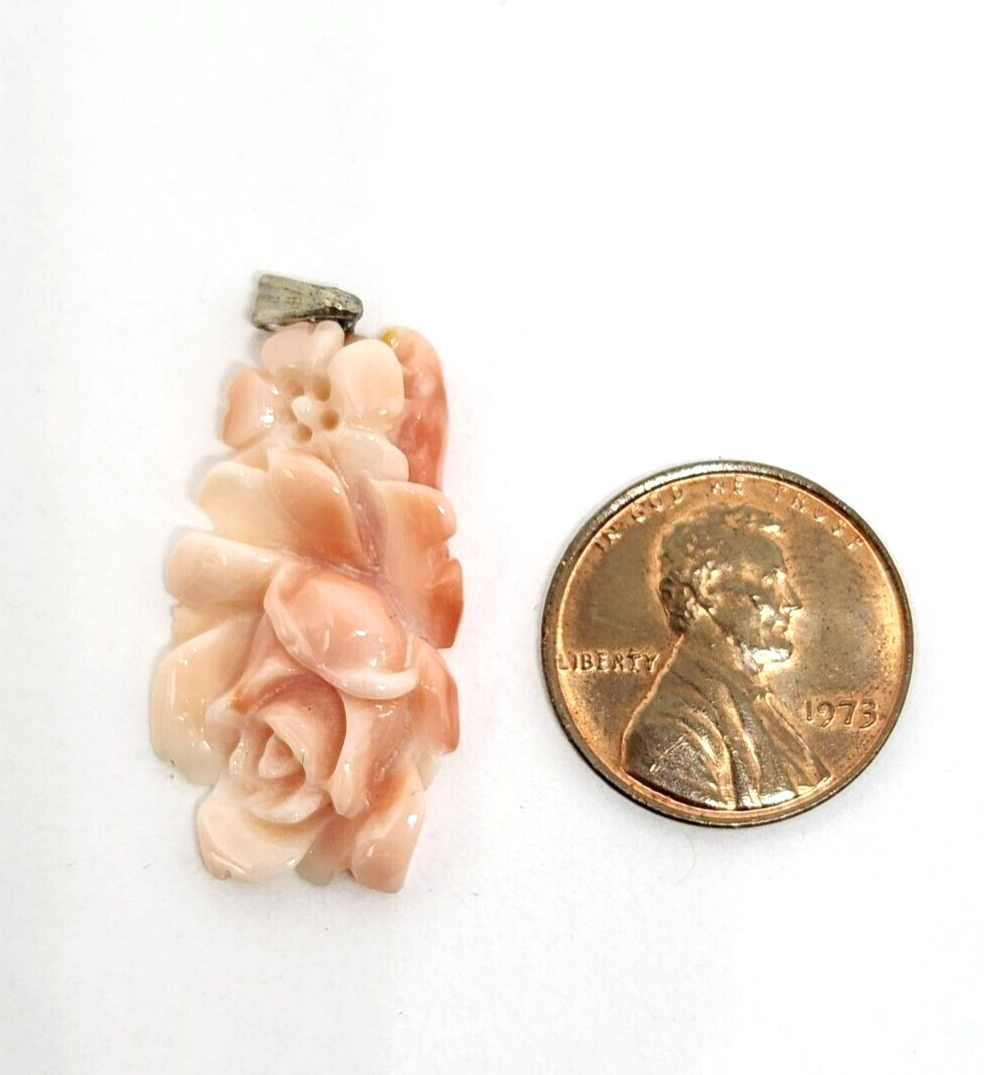 Carved Floral Angel Skin Coral Sterling Silver Pendant 1.25" Long