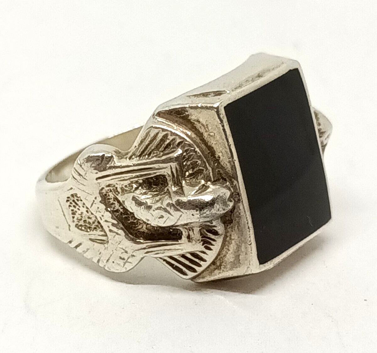 Black Onyx Sterling Silver Men's Ring W Snakes Size 11.5, 15.7 grams