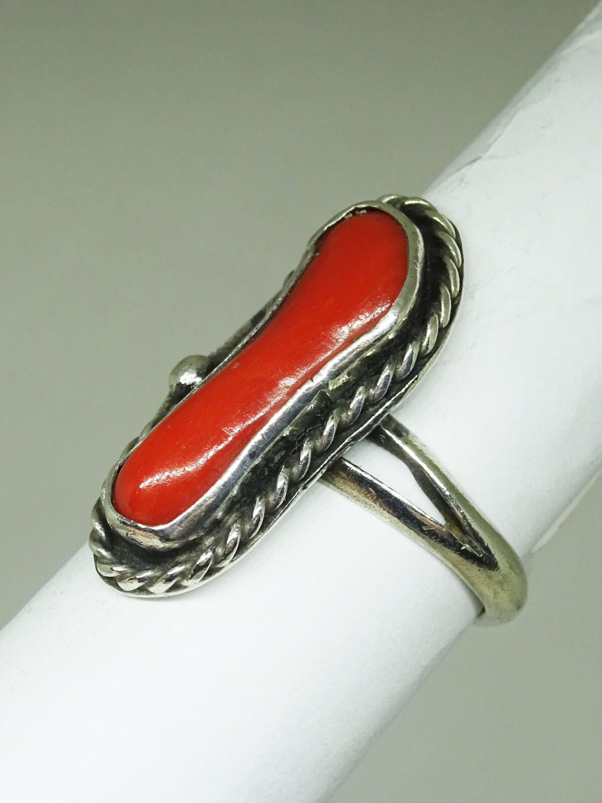 Southwest Long Freeform Red Coral Sterling Silver Ring Size 4.5