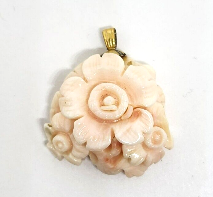 Carved Floral Angel Skin Coral Gold Filled Pendant 1" Long