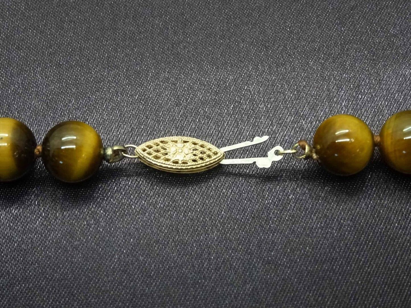 Vintage Tiger's Eye & 14k Gold Bead Pendant Necklace 10k Gold Clasp 20" Long