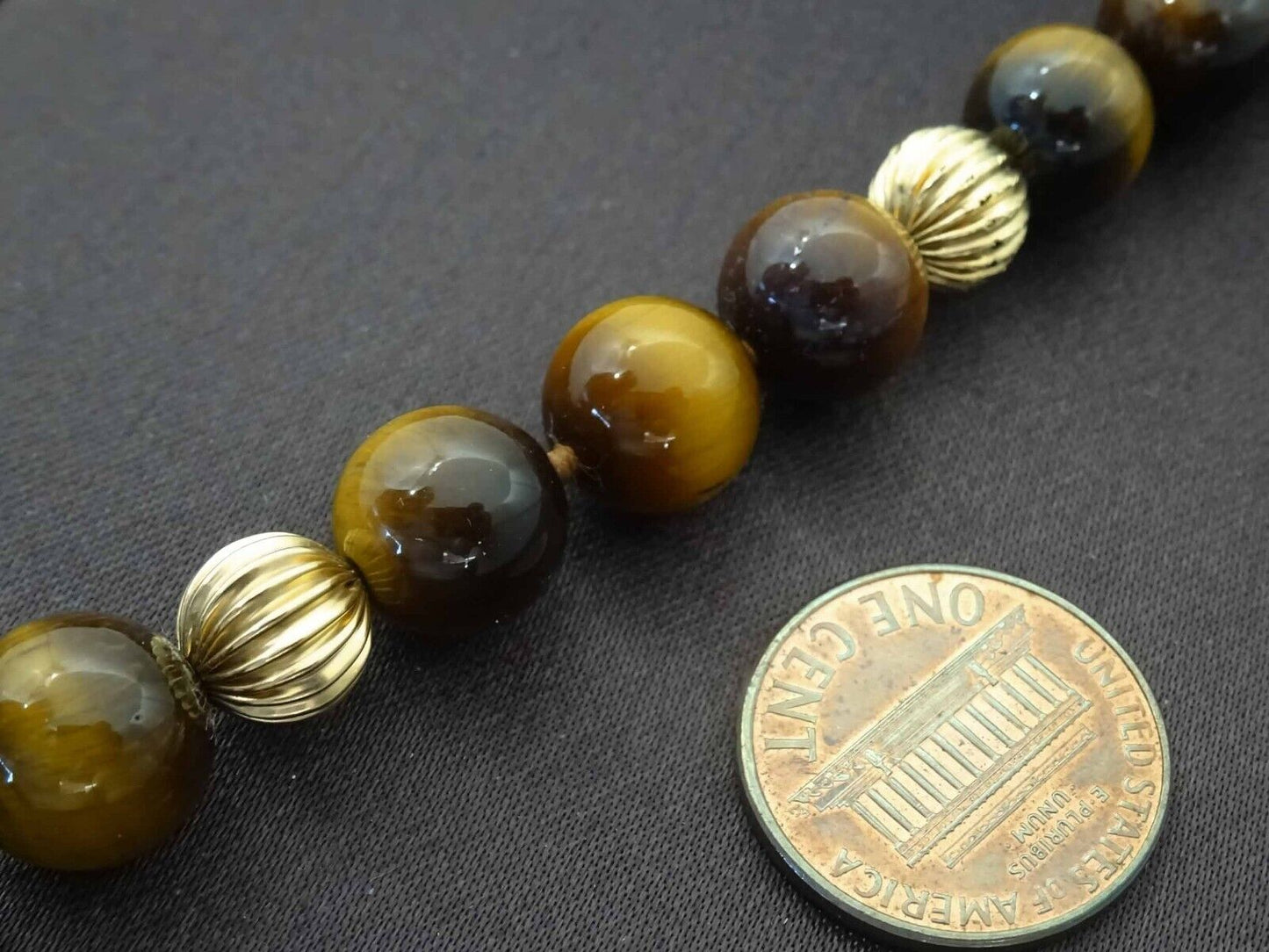 Vintage Tiger's Eye & 14k Gold Bead Pendant Necklace 10k Gold Clasp 20" Long