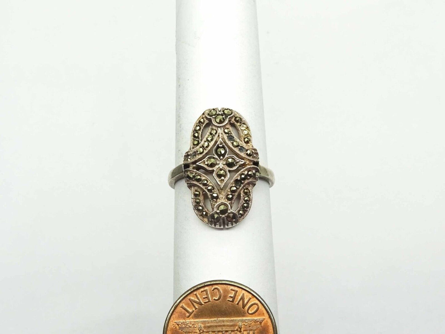 Antique Marcasite Filigree Ring Sterling Silver Size 7.25