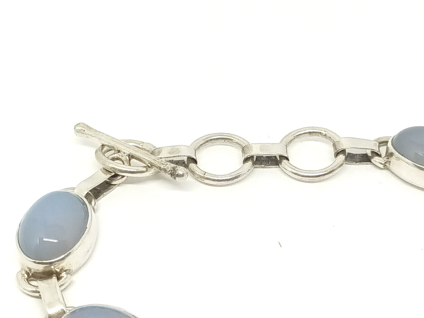 Genuine Blue Chalcedony Cabochon Sterling Silver Bracelet, 8'' Long