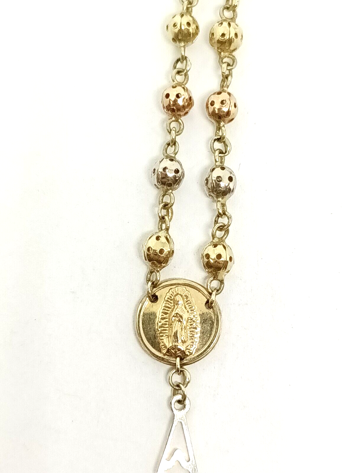 Real 14k Rosary Tri-Color Gold Jesus Crucifix Necklace 28'' Chain