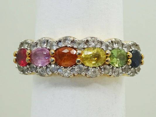 Multi-Color 6-Stone & Halo CZ Ring Size 5.5 Vermeil Sterling Silver