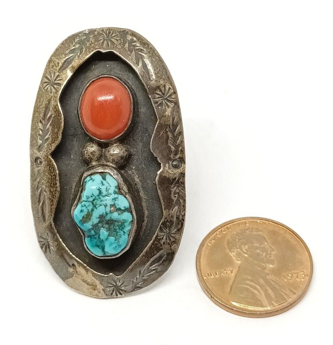 Native American Navajo Sterling Spiderweb Turquoise & Coral Ring, Signed PVC