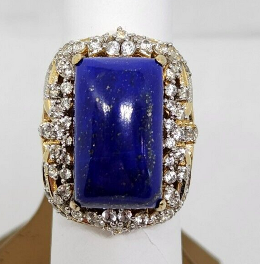 Natural Lapis Lazuli & CZ Vermeil Sterling Silver Ring, Size 7