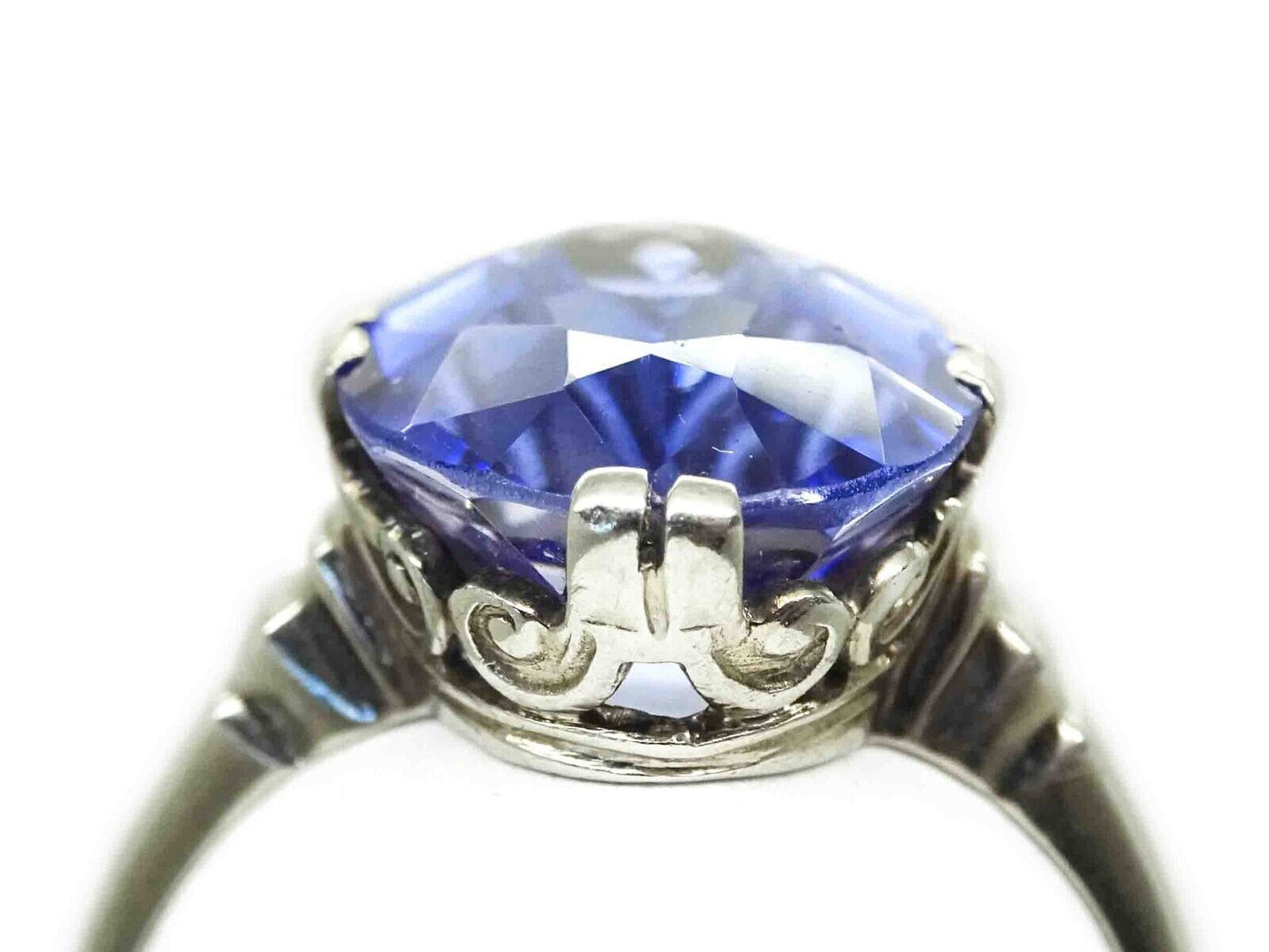 Victorian Lab-Created Synthetic Sapphire Filigree Ring 14k White Gold Size 6.25