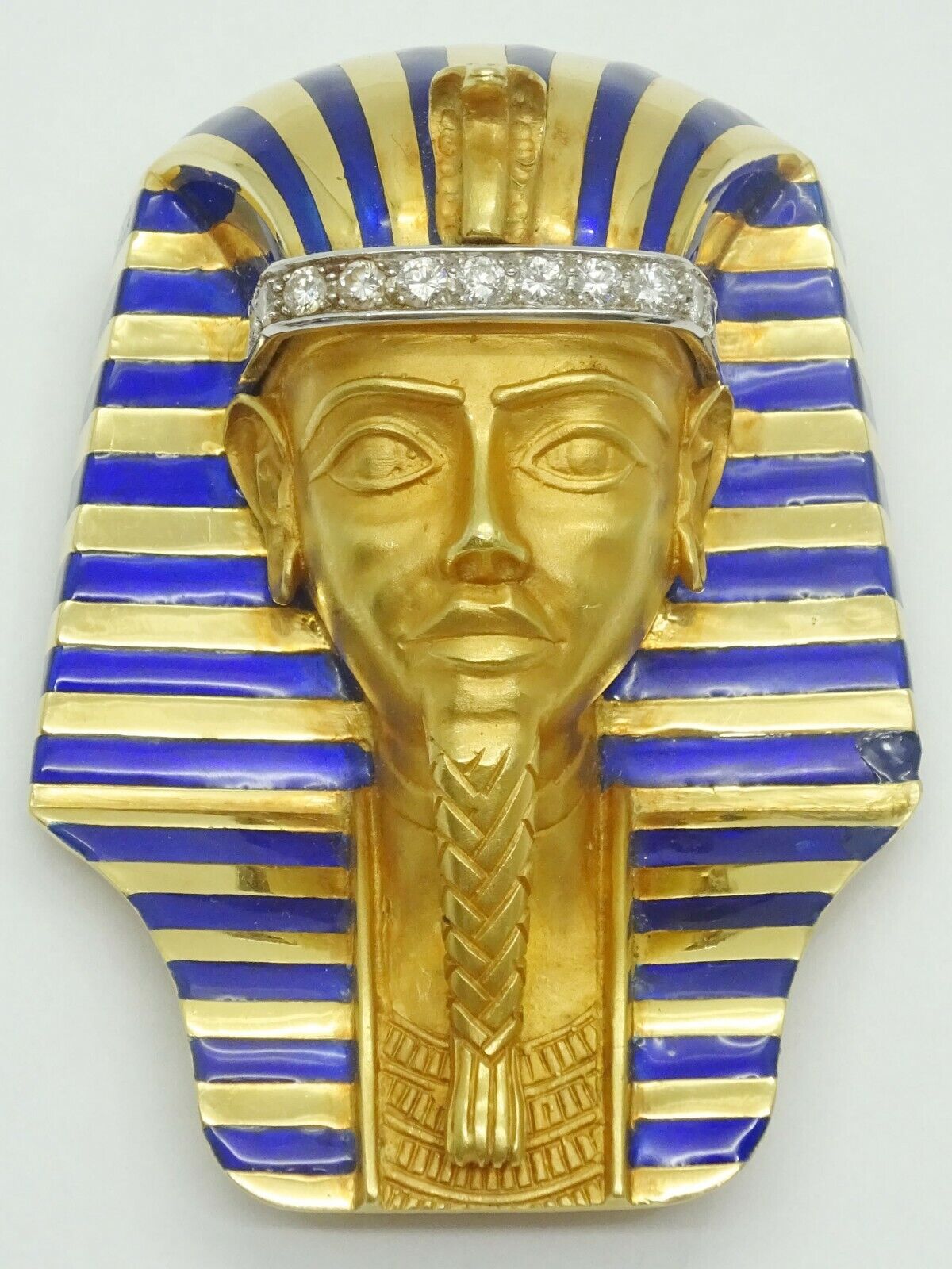 Estate King Tut Egyptian Pharaoh Head Brooch Pin 18k Gold & Enamel 104.7 g