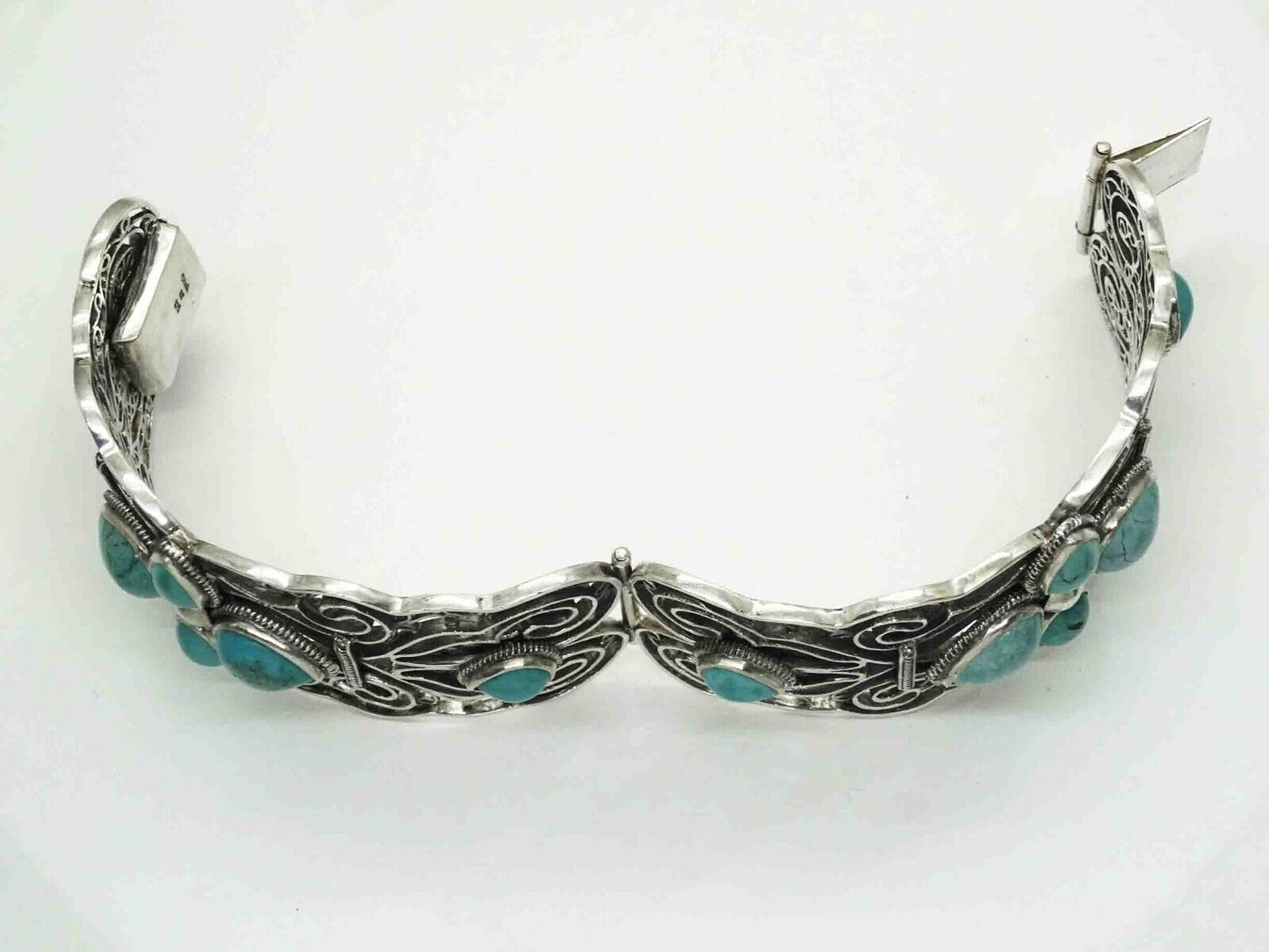 Turquoise Cabochon Openwork Filigree Hinged Bangle Bracelet Sterling Silver