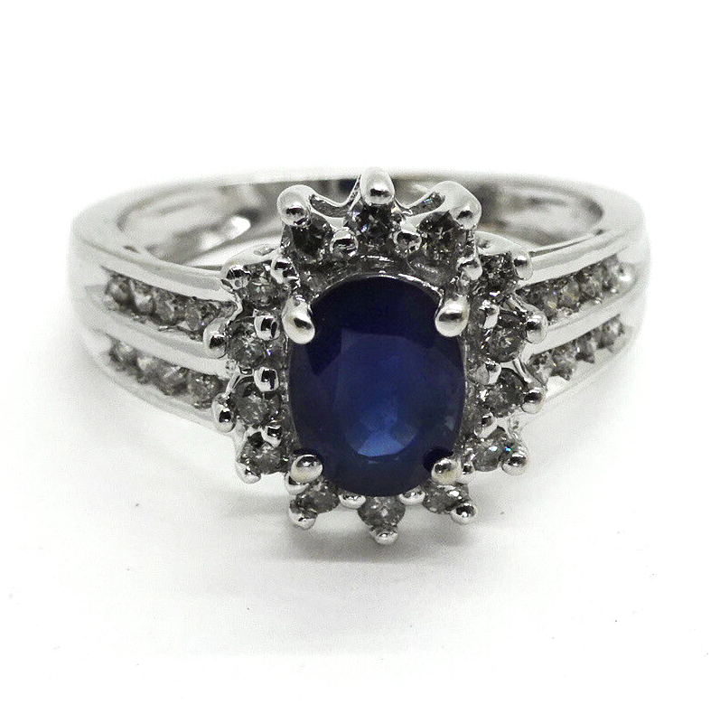 Genuine Diamonds & Sapphire Ladies Ring 14k White Gold Signed, Size 7