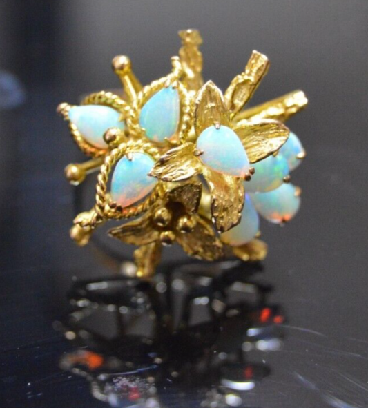 Vintage 14k Gold Playful Opal Stack Ring, 8 Opals, Size 6, 7.9 grams