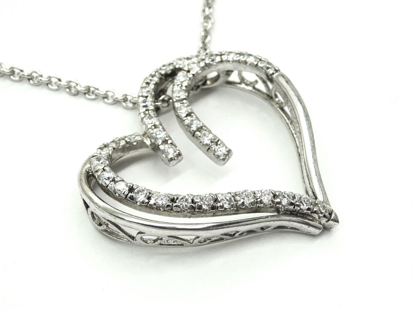 Big Open Heart CZ Pendant Chain Necklace Sterling Silver