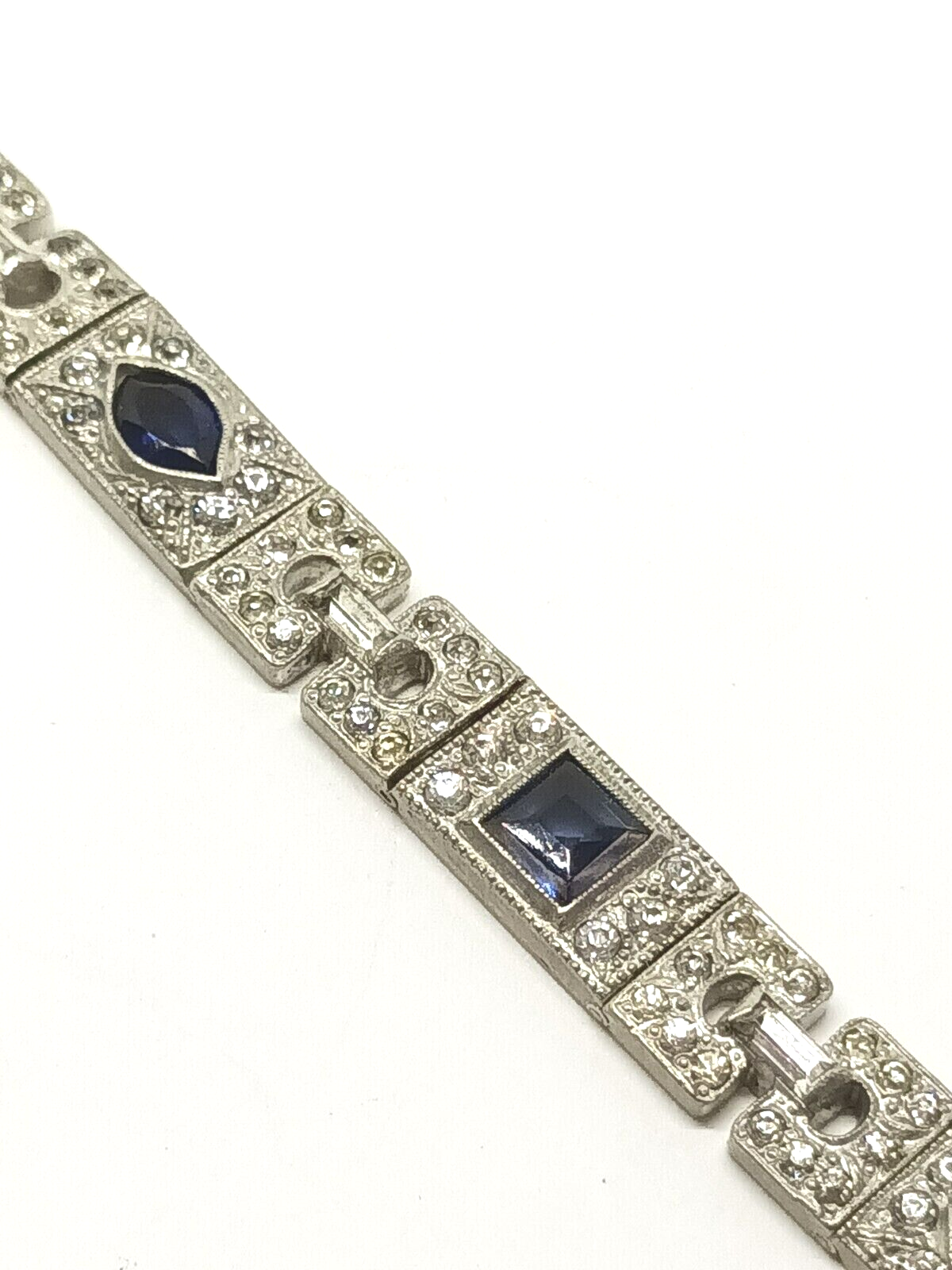 Antique Art Deco Rhinestone Bracelet Dark Cobalt Blue & Clear Sparkly Crystals