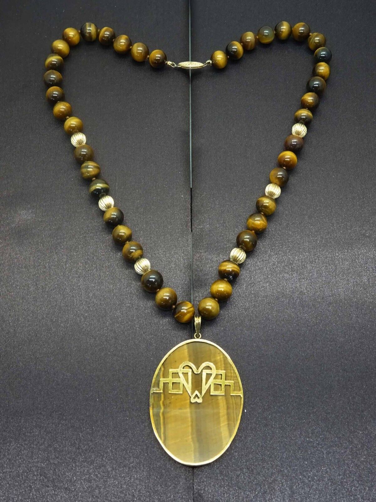 Vintage Tiger's Eye & 14k Gold Bead Pendant Necklace 10k Gold Clasp 20" Long