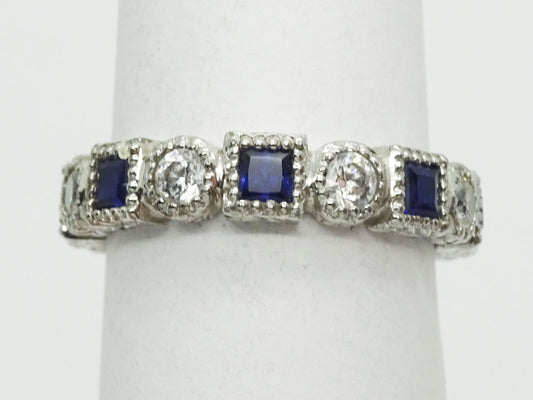 Blue Sapphire & CZ Sterling Silver Eternity Band Ring Size 6