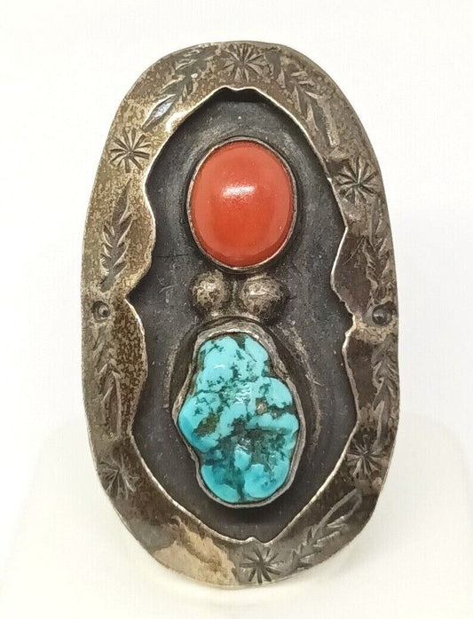 Native American Navajo Sterling Spiderweb Turquoise & Coral Ring, Signed PVC