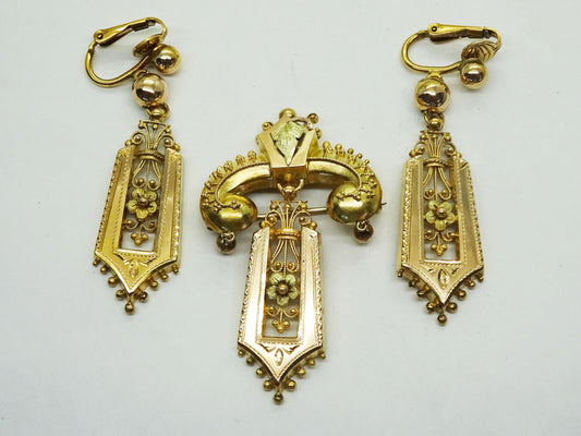 Victorian Style 14k Dangle Drop Flower Motif Brooch Pin & Earrings Set