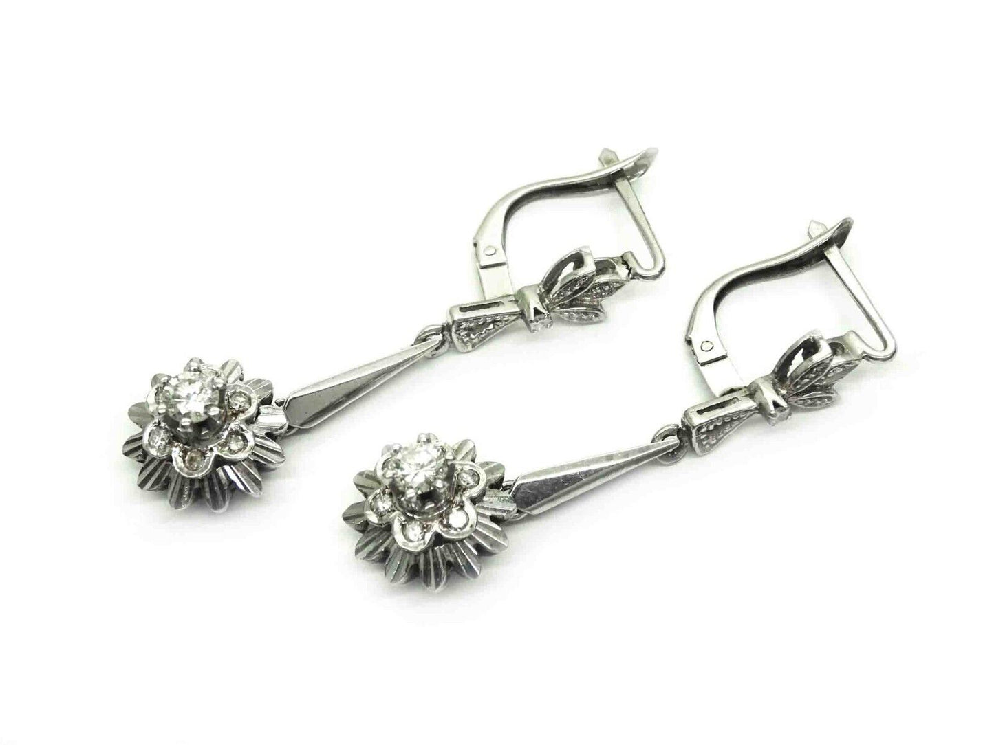 Mid-Century 0.54ct tw Diamond Flower Burst Dangle Earrings 14k White Gold