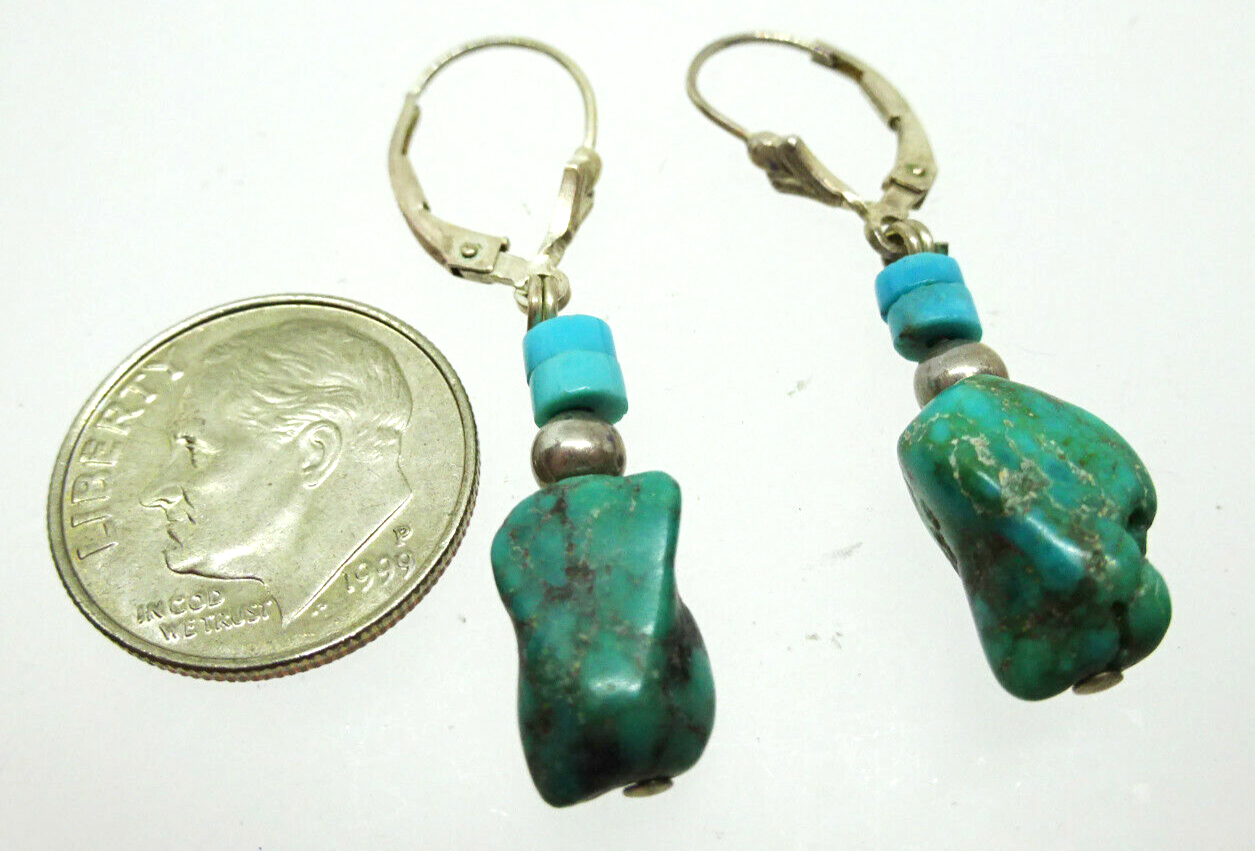 Vintage Turquoise Nugget Native American Sterling Silver Dangle Earrings