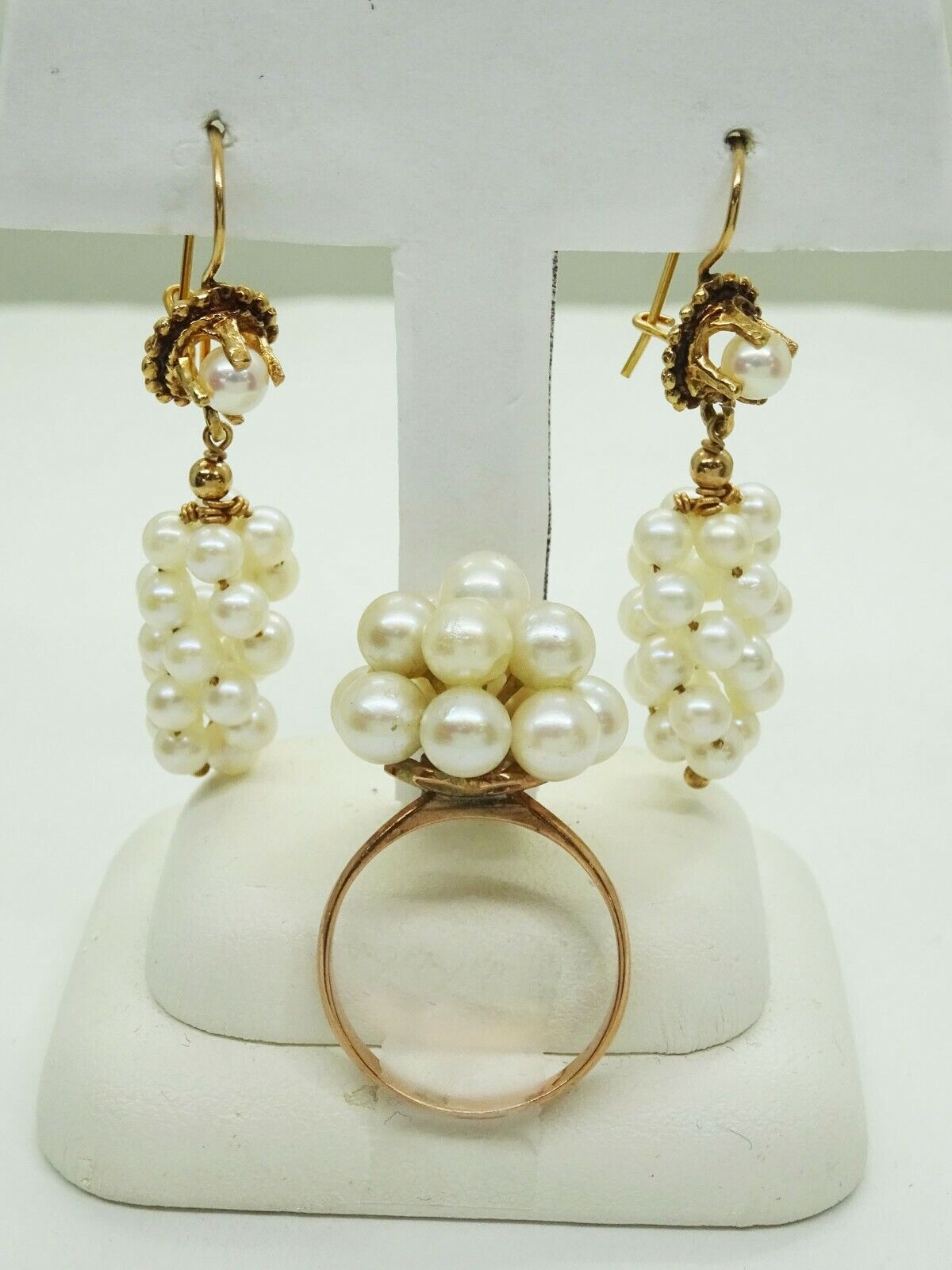 Estate Cluster Akoya Pearl Earrings & Ring Set 14k Gold Size 7