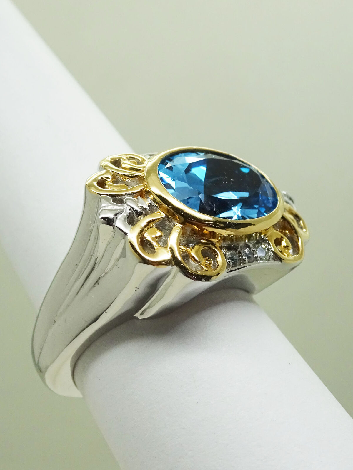 Oval Faceted Blue Topaz & CZ 2-Tone Sterling Silver Ring Size 10