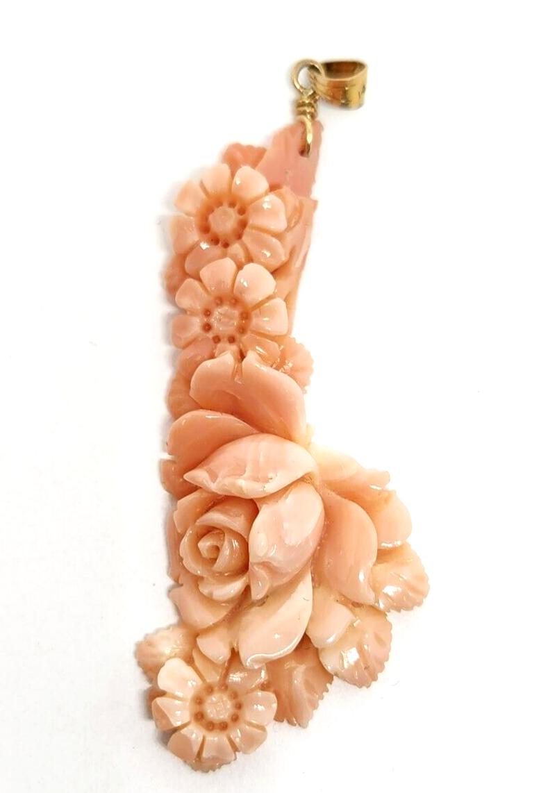 Carved Floral Angel Skin Coral 14k Gold Pendant 2.5" Long