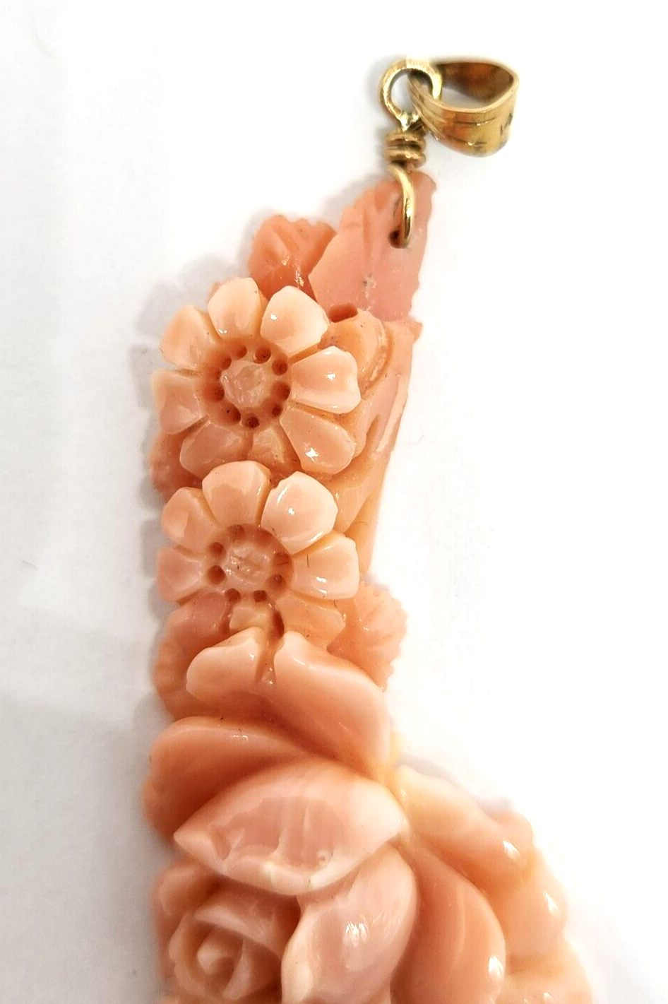 Carved Floral Angel Skin Coral 14k Gold Pendant 2.5" Long