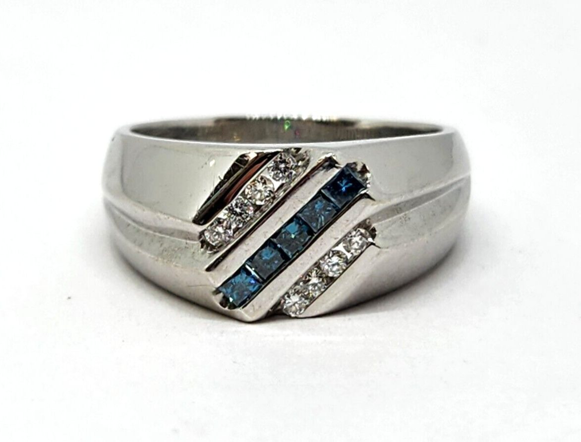 Men's 14k White Gold 0.5ct tw Princess Cut Blue  & White Diamond Ring, Size 12
