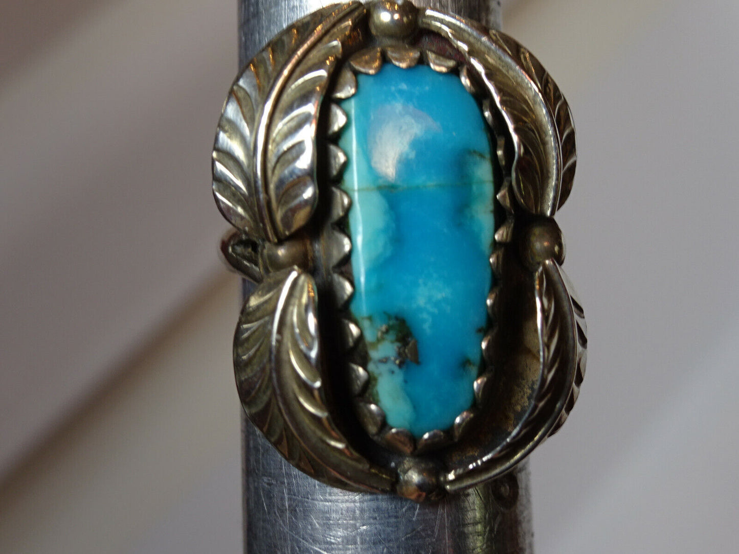 Vintage Old Pawn Native American Sterling Silver Turquoise Feather  Ring Size 5