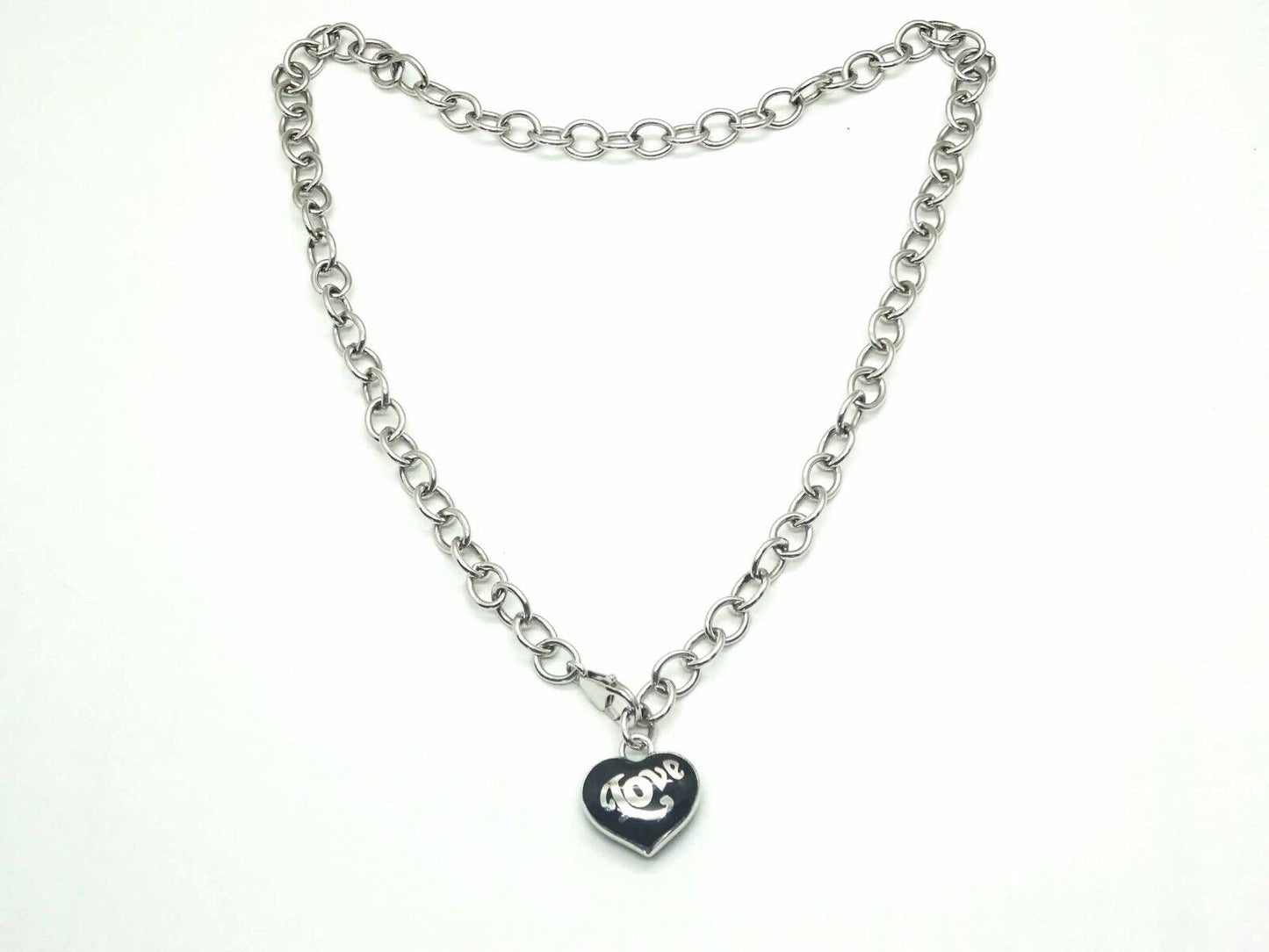 Esprit "Love" Black Enamel Puffy Heart Charm Necklace Sterling Silver