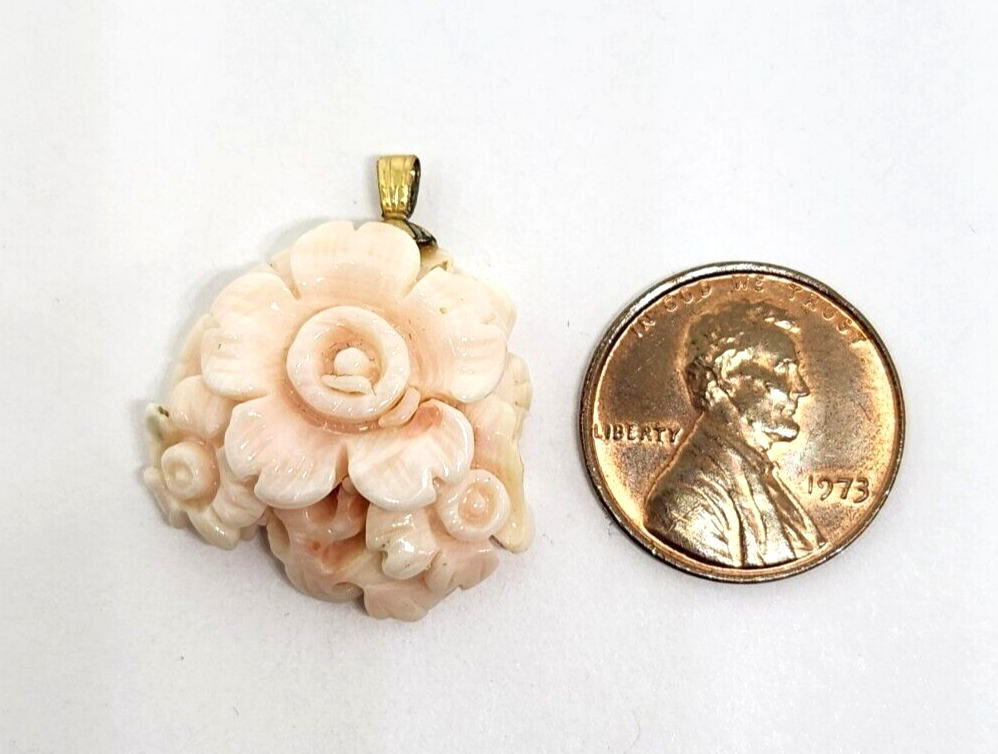 Carved Floral Angel Skin Coral Gold Filled Pendant 1" Long