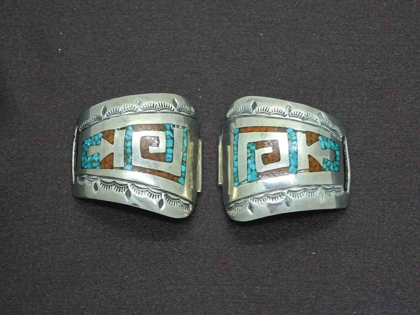 Native American Navajo Herman Coan Inlay Coral & Turquoise Sterling Watch Tips