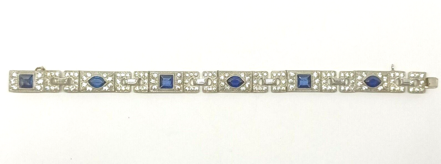 Antique Art Deco Rhinestone Bracelet Dark Cobalt Blue & Clear Sparkly Crystals