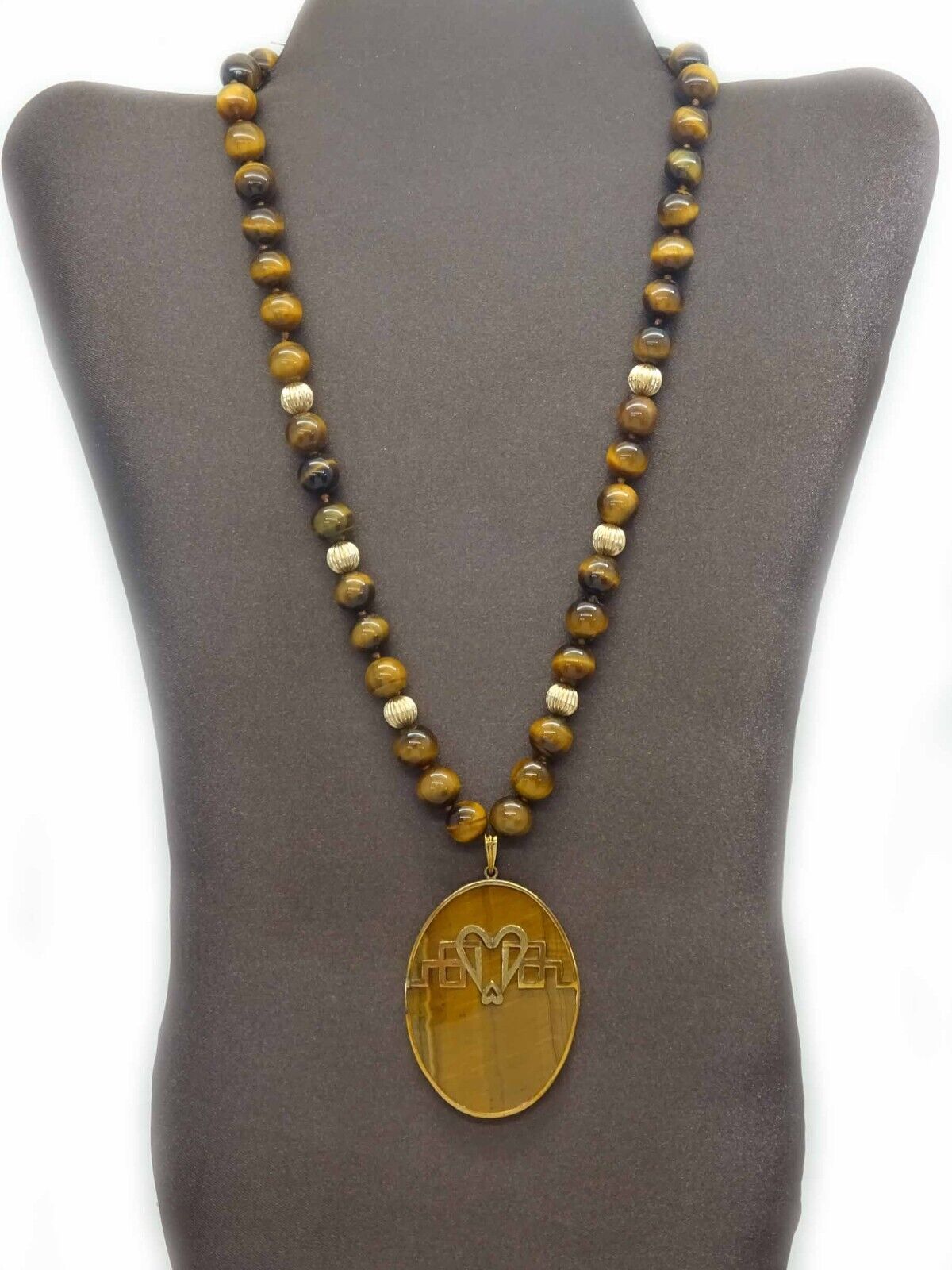 Vintage Tiger's Eye & 14k Gold Bead Pendant Necklace 10k Gold Clasp 20" Long