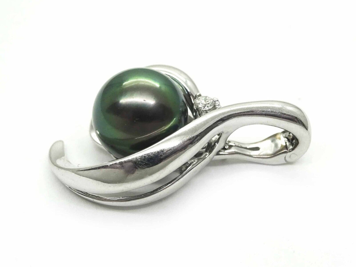 11mm Wide Natural Tahitian Black Pearl Freeform Swirl Pendant 10k White Gold