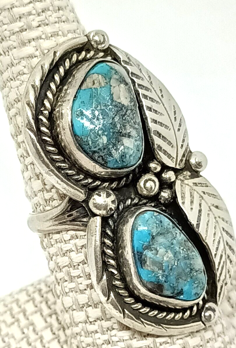 Native American Hand Signed Turquoise & Sterling Silver Ring Size 8.5, 14.5 g