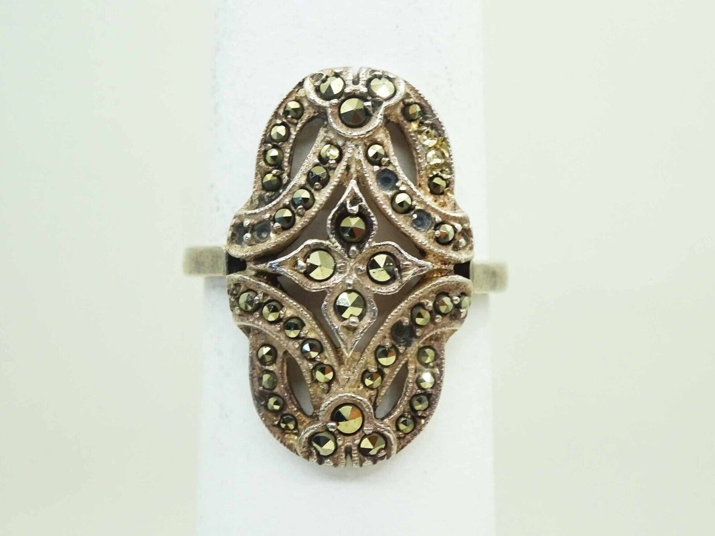 Antique Marcasite Filigree Ring Sterling Silver Size 7.25