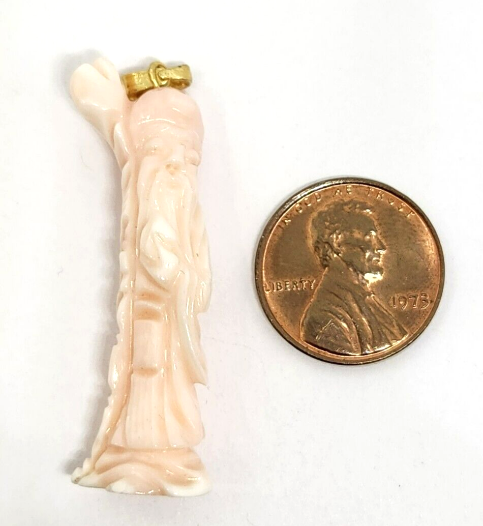 Vintage Mid-Century 3D Carved Coral Gold Filled Figurine Charm Pendant 1.75"