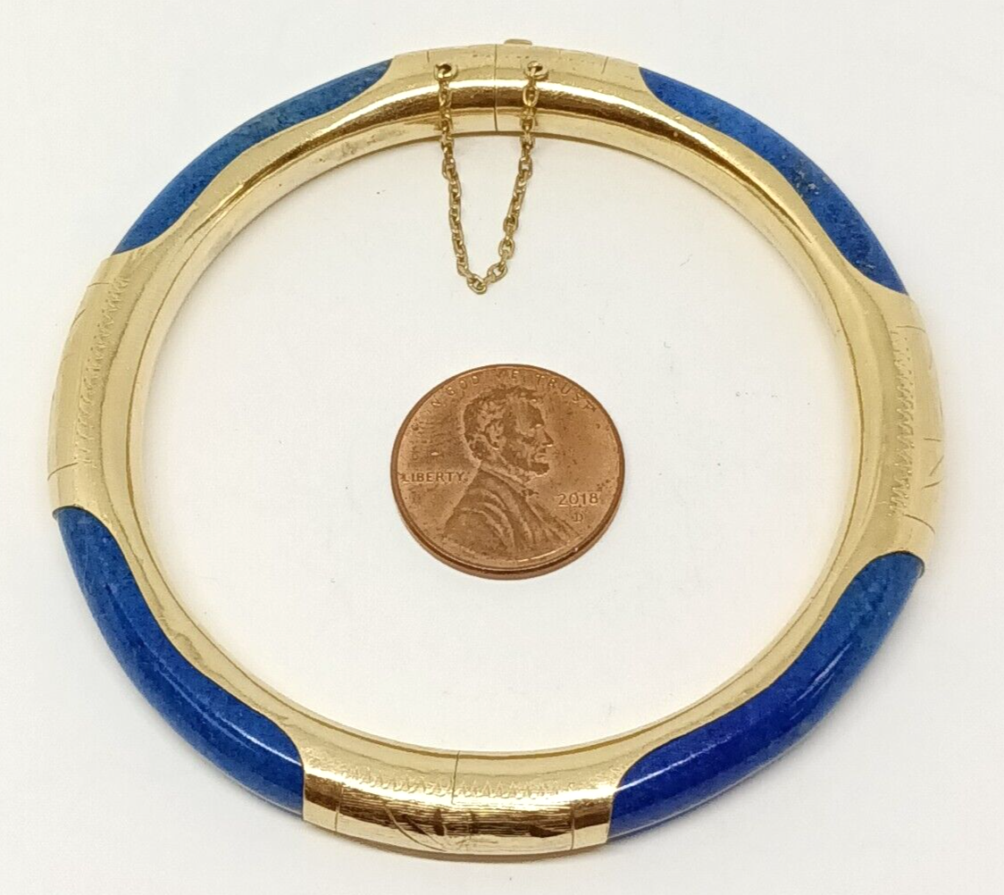 Vintage 14k Yellow Gold Lapis Lazuli Bangle Bracelet W/ Chain