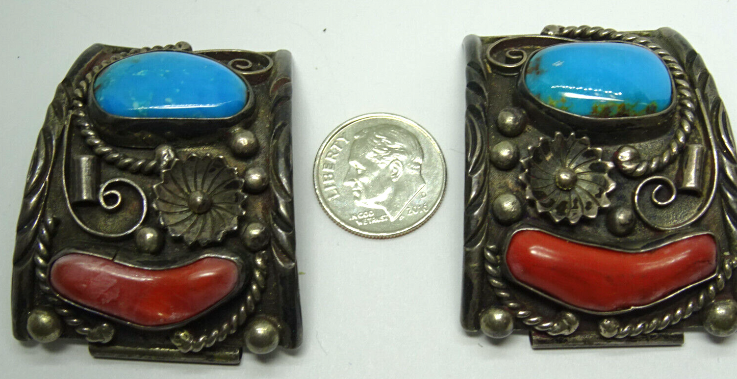 Native American Old Pawn Navajo Big Turquoise & Coral Sterling Watch Tips, 49.8g