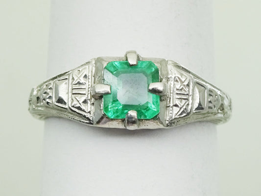 0.55ct Natural Emerald Platinum Filigree Ring Size 6.25