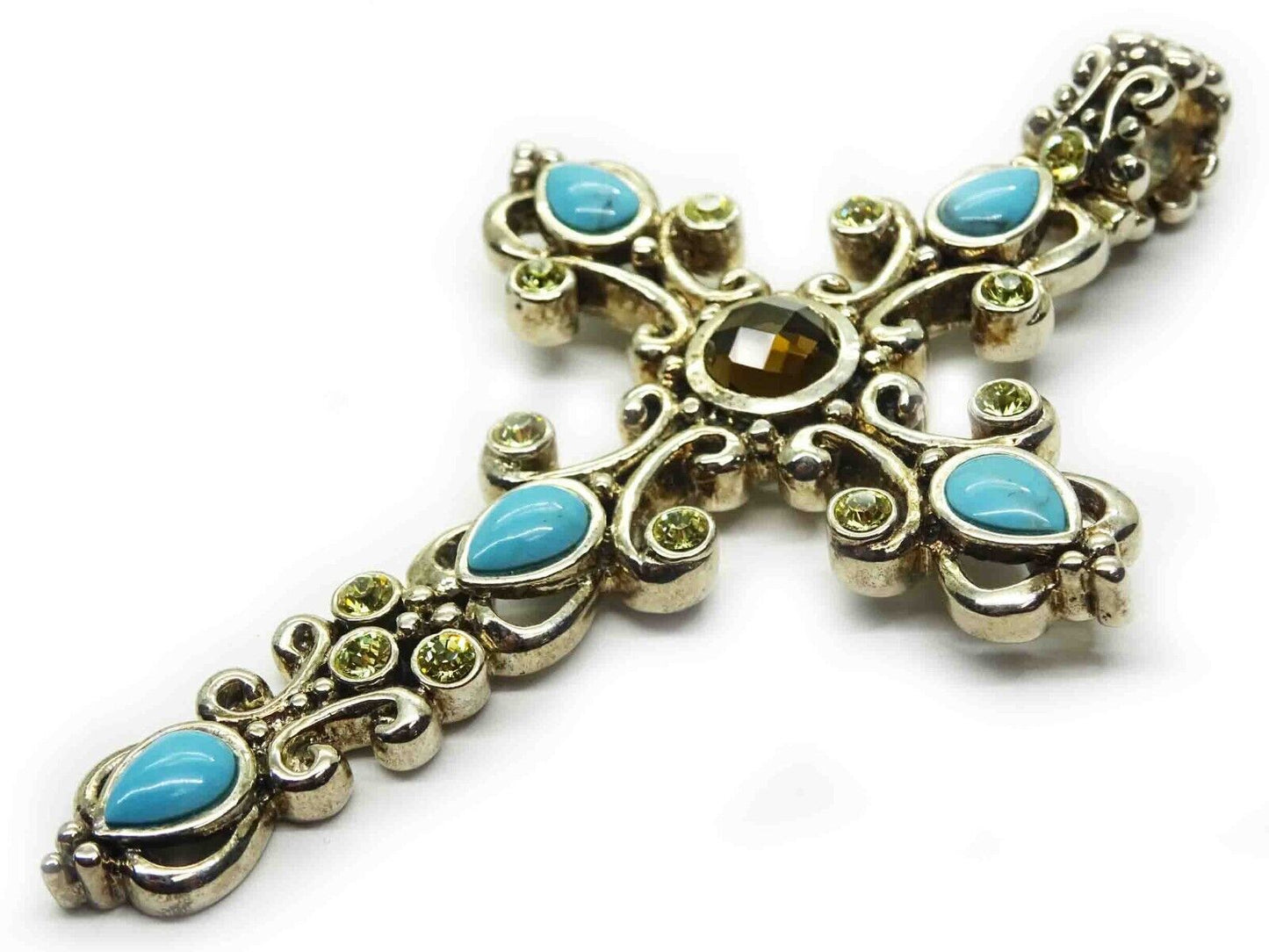 Barse Designer Turquoise CZ Smoky Quartz Sterling Silver Cross Pendant